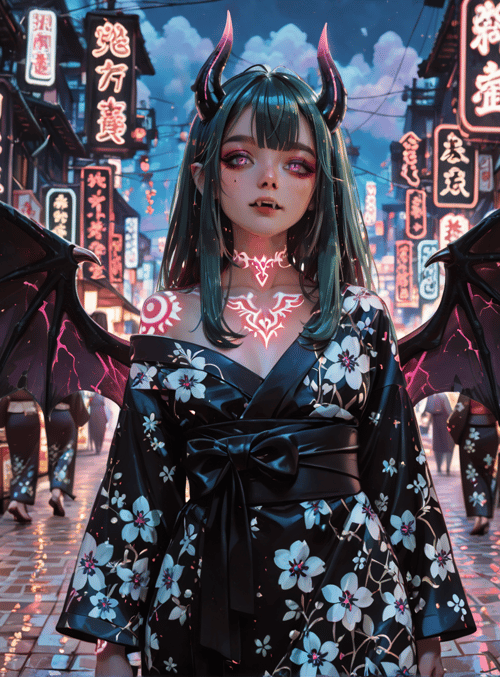 demon, woman, bat wings, kimono, street market, lampion, signboard, butterfly, glowing, sparks