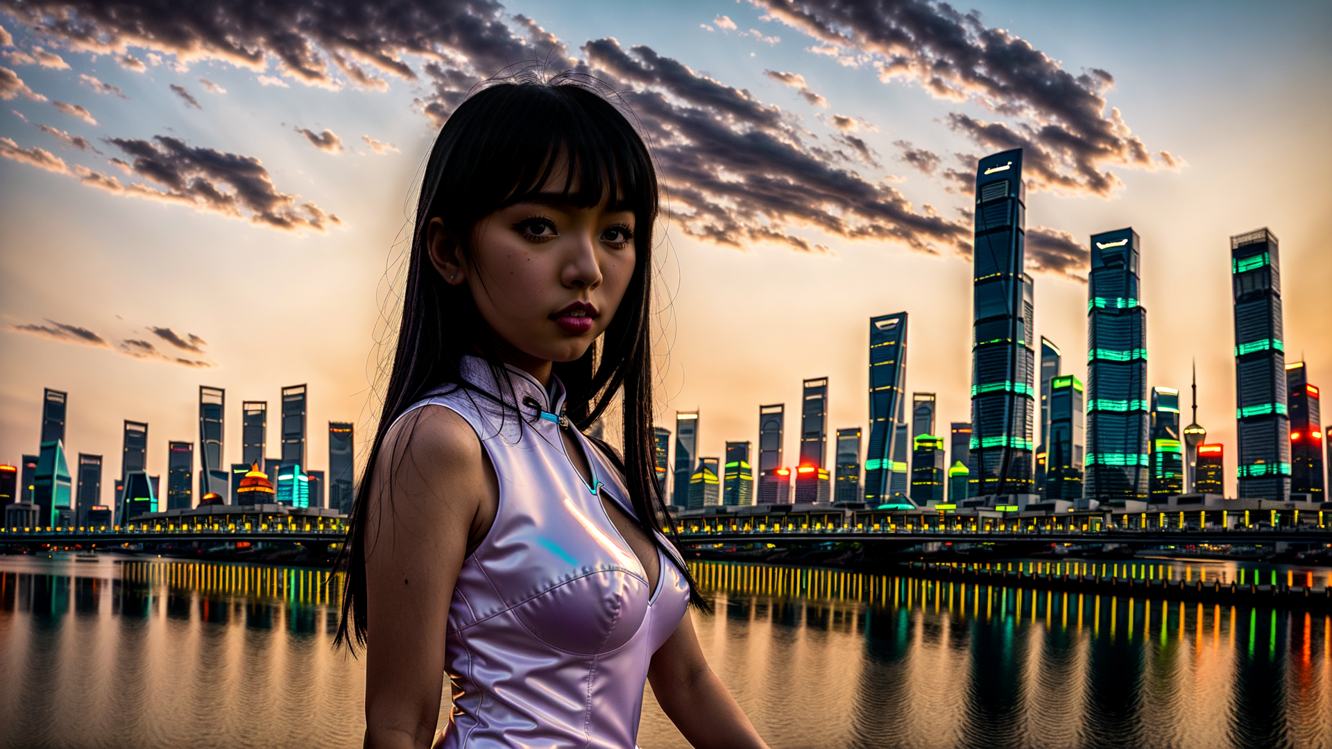 AI generated wallpaper featuring woman, cityscape, water