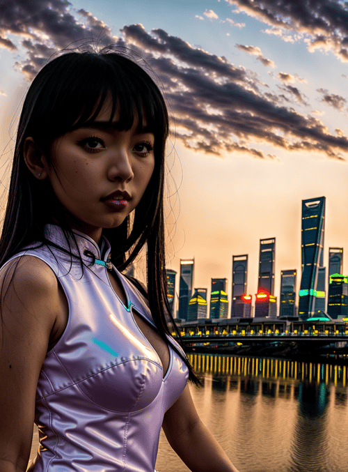 woman, cityscape, water