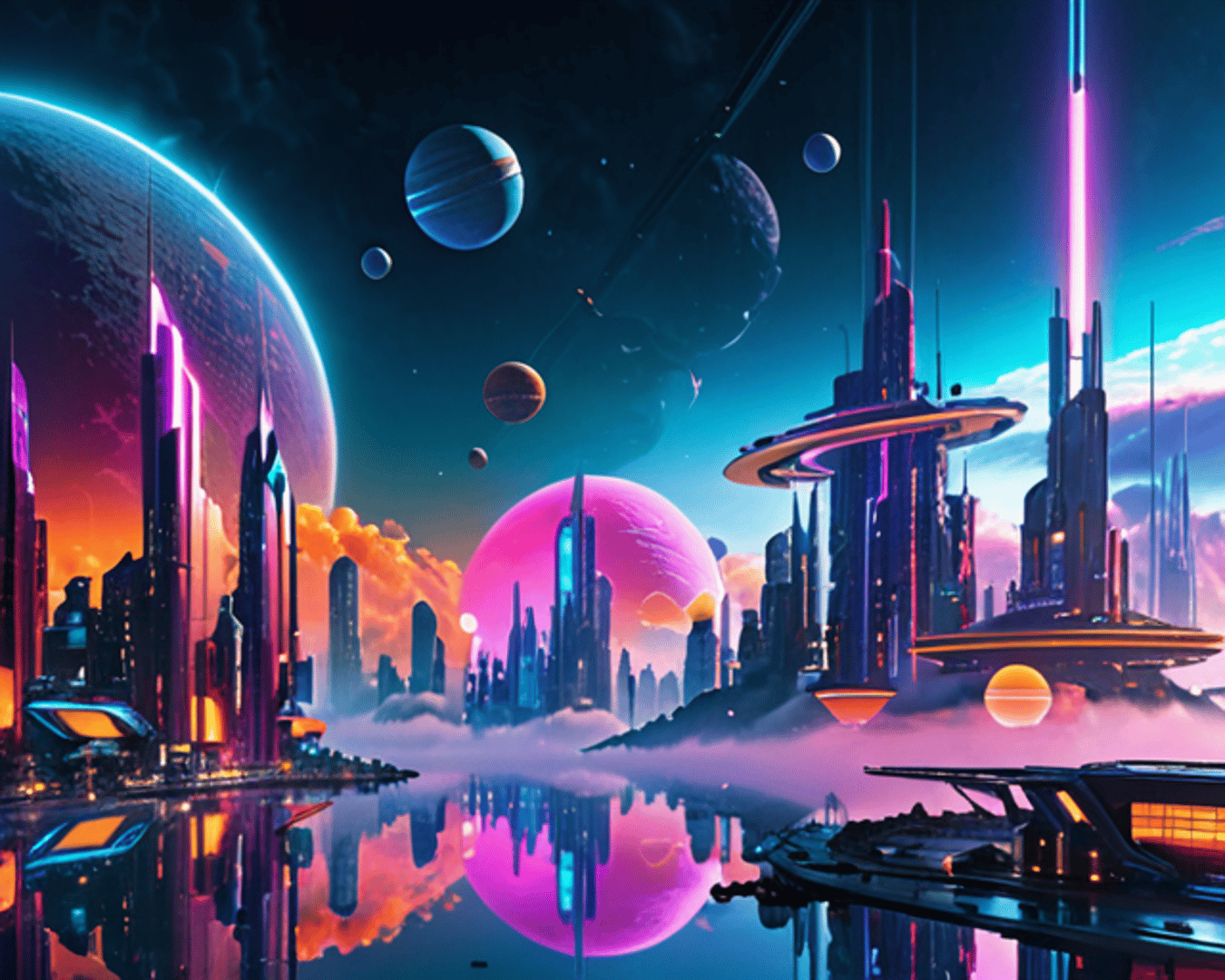 AI generated wallpaper featuring city, planets, buildings