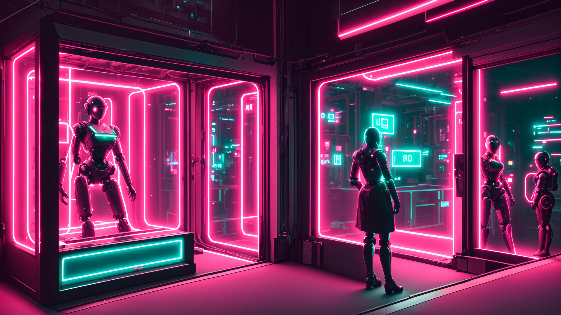 AI generated wallpaper featuring robots, neon, display