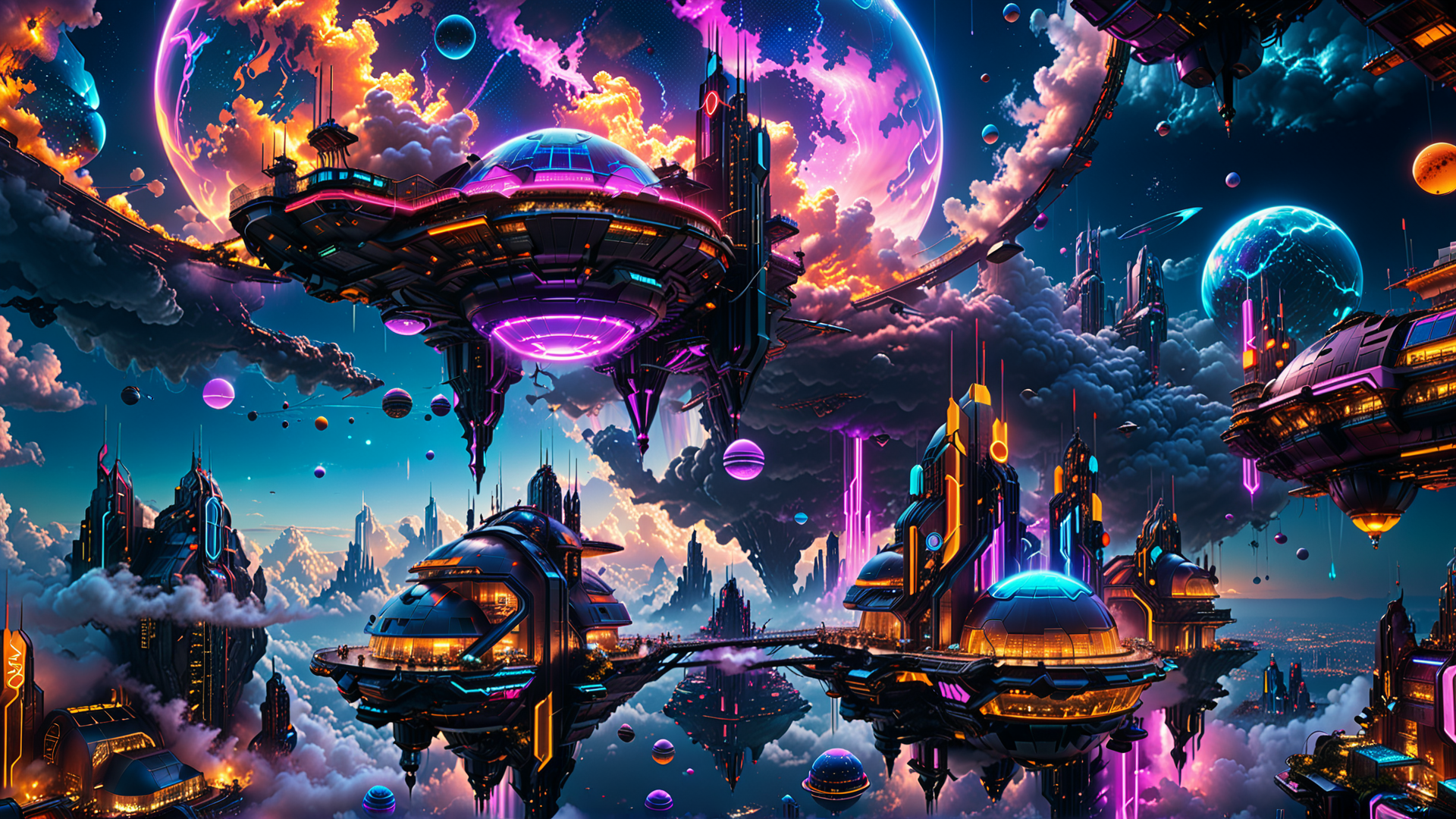 AI generated wallpaper featuring floating city, space station, planets