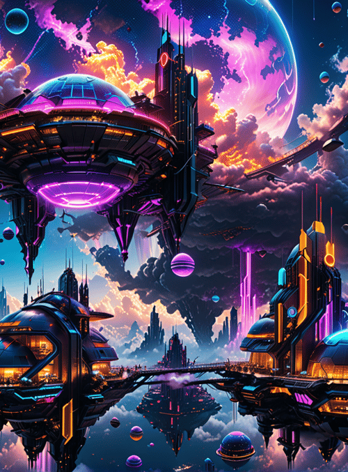 floating city, space station, planets