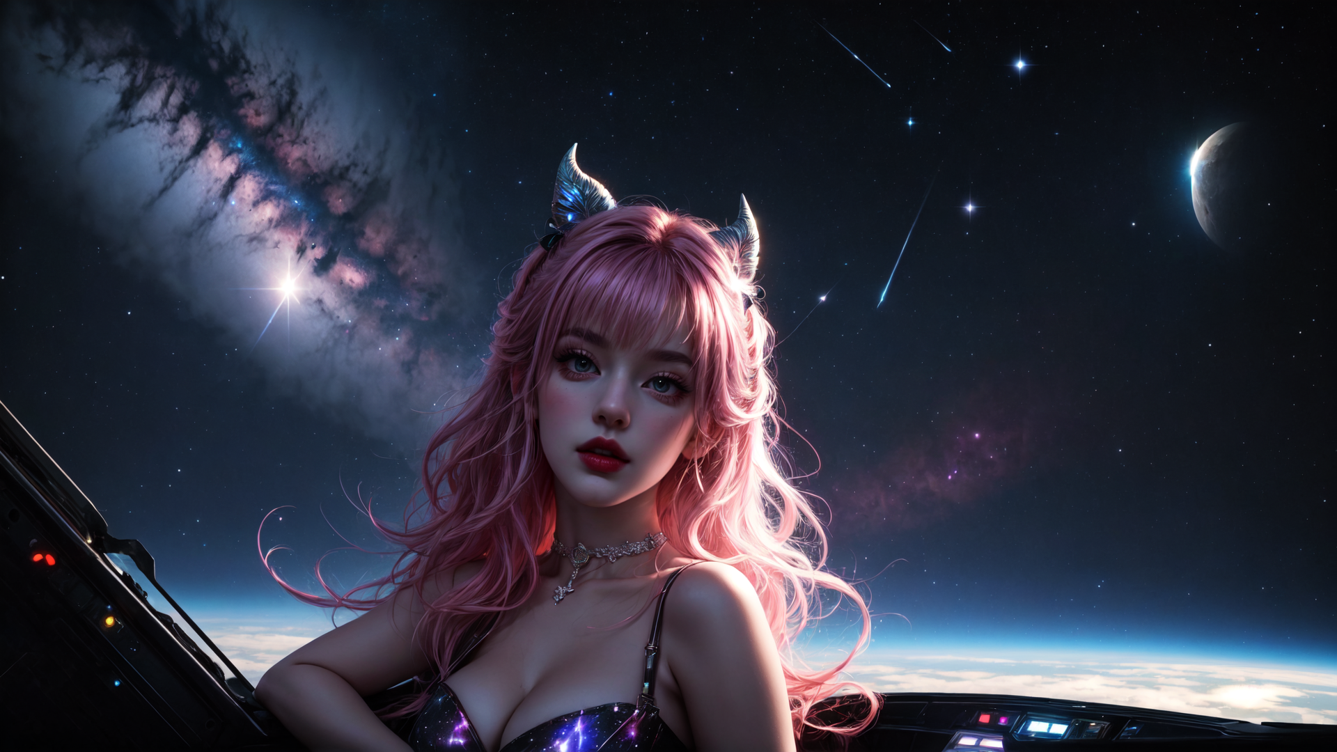 AI generated wallpaper featuring woman, space, unicorn, galaxy, planet, stars, nail, horn, cosmos, spaceship