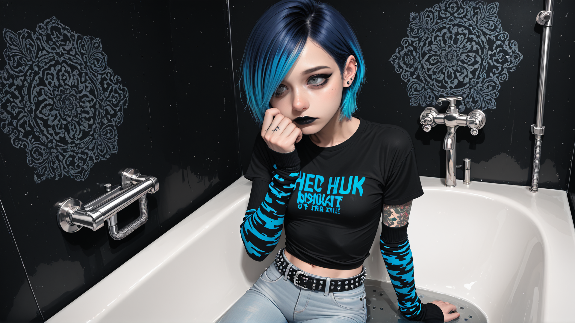 AI generated wallpaper featuring girl, woman, bathroom, bathtub, tattoo, hair, shirt, jeans, belt, arm