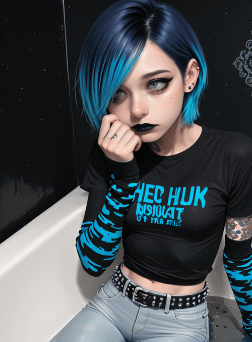 girl, woman, bathroom, bathtub, tattoo, hair, shirt, jeans, belt, arm