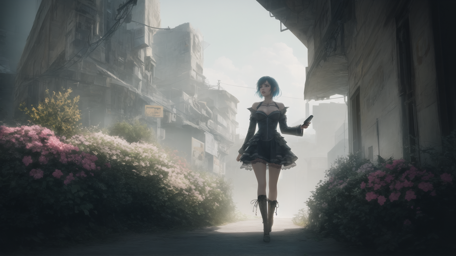 AI generated wallpaper featuring woman, city, flowers