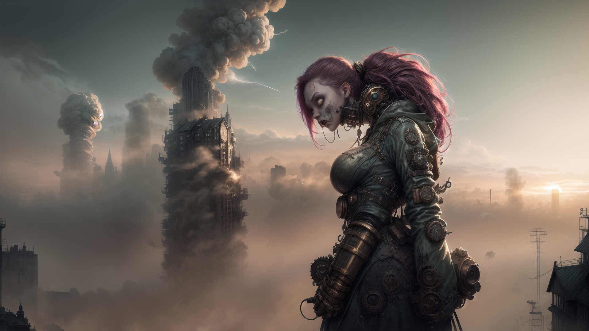 AI generated wallpaper featuring cyborg, woman, cityscape