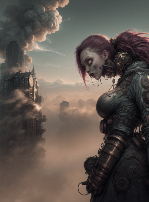 cyborg, woman, cityscape