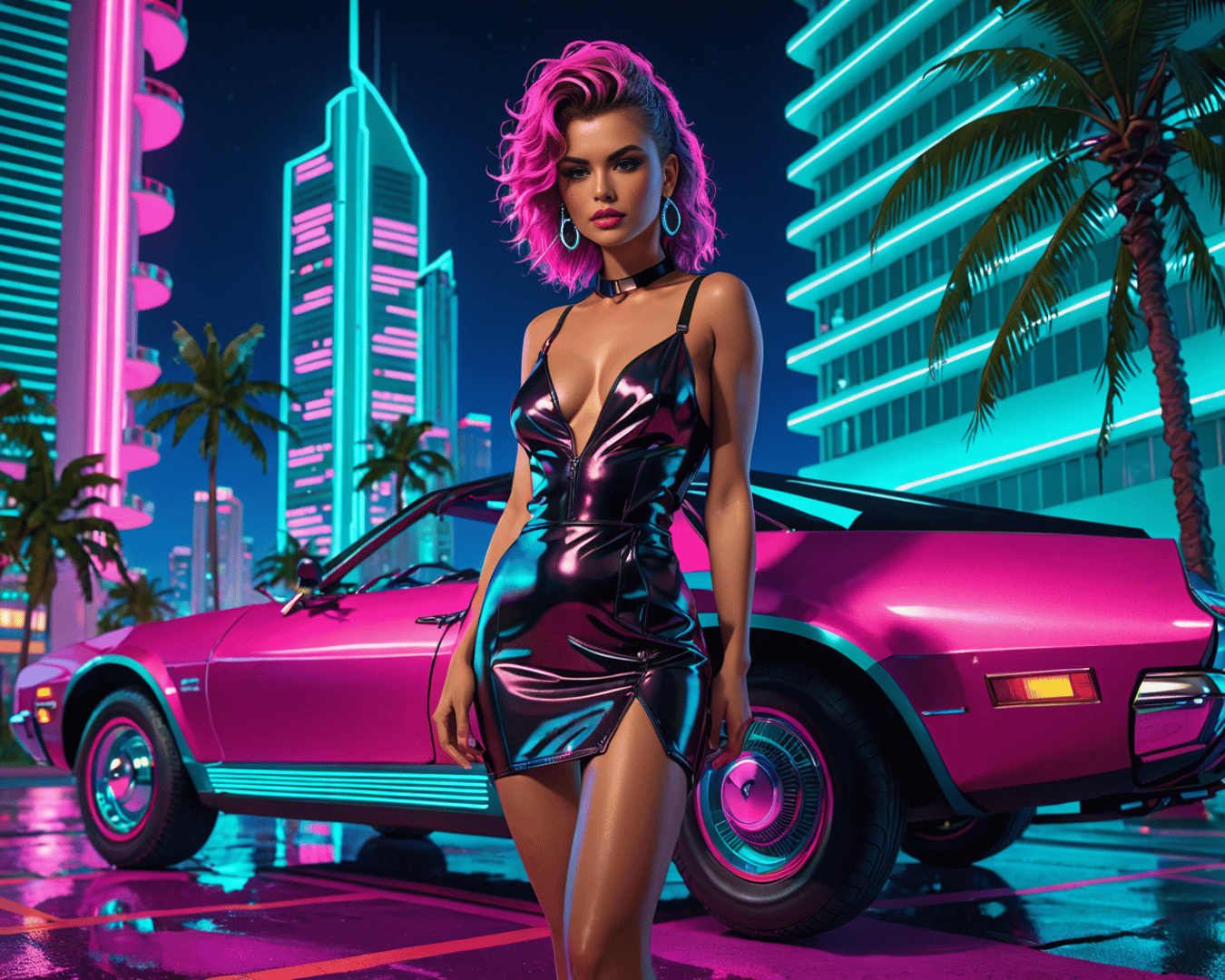 AI generated wallpaper featuring woman, car, cityscape