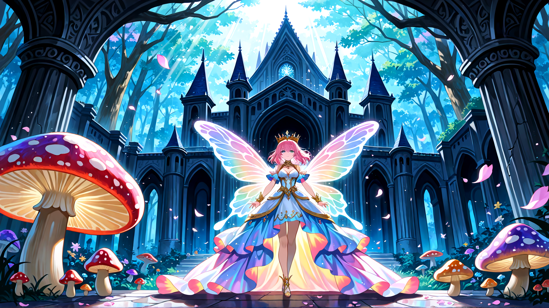 AI generated wallpaper featuring fairy, castle, mushroom, forest, crown, wings, dress, petals, arch, butterfly