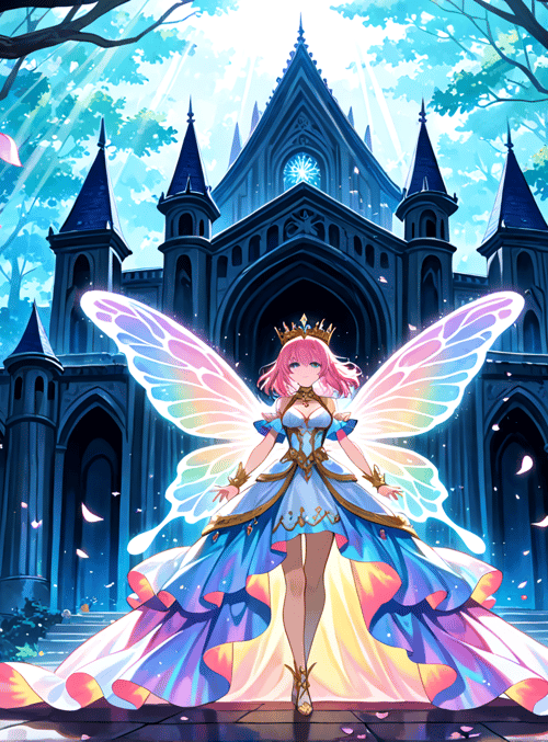 fairy, castle, mushroom, forest, crown, wings, dress, petals, arch, butterfly