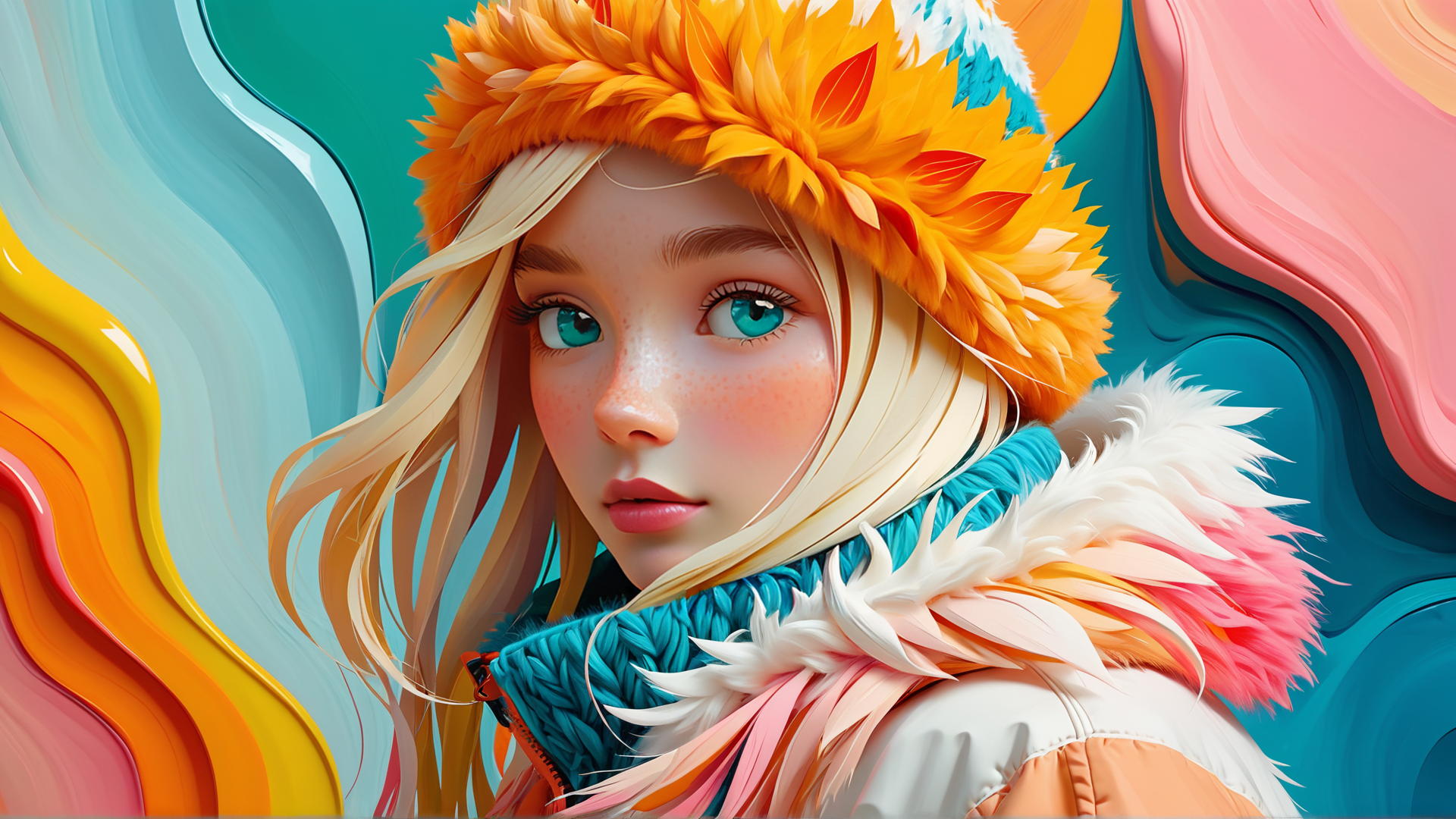 AI generated wallpaper featuring girl, woman, hat, coat, feathers, hair, face