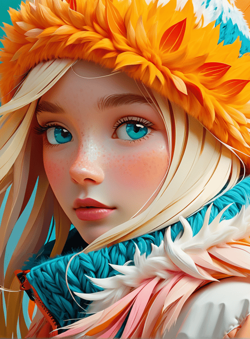 girl, woman, hat, coat, feathers, hair, face