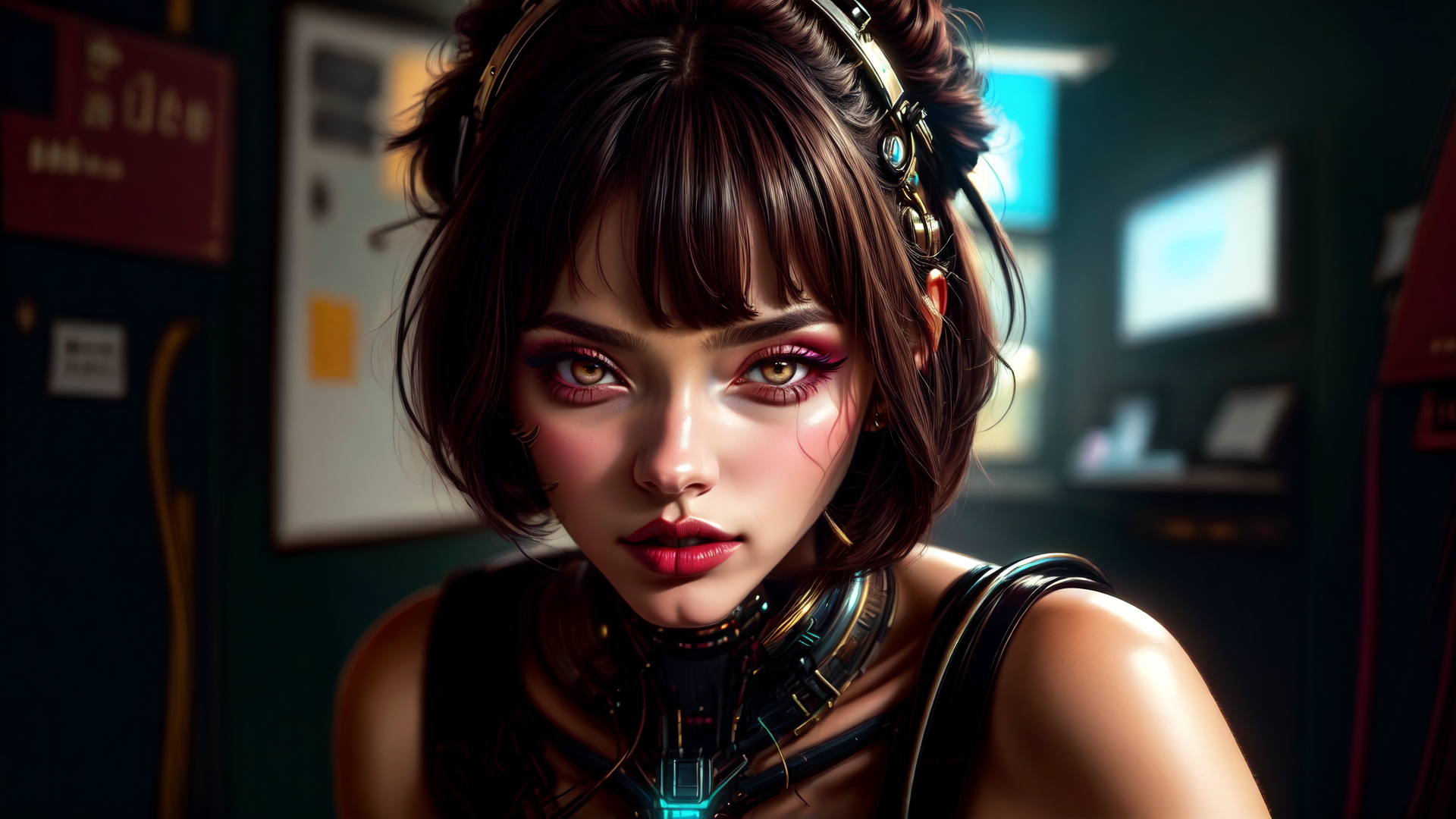 AI generated wallpaper featuring woman, cyborg, headphones, necklace, monitor, poster, room, hair, computer, screen