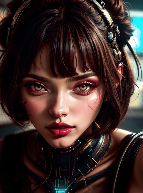 woman, cyborg, headphones, necklace, monitor, poster, room, hair, computer, screen