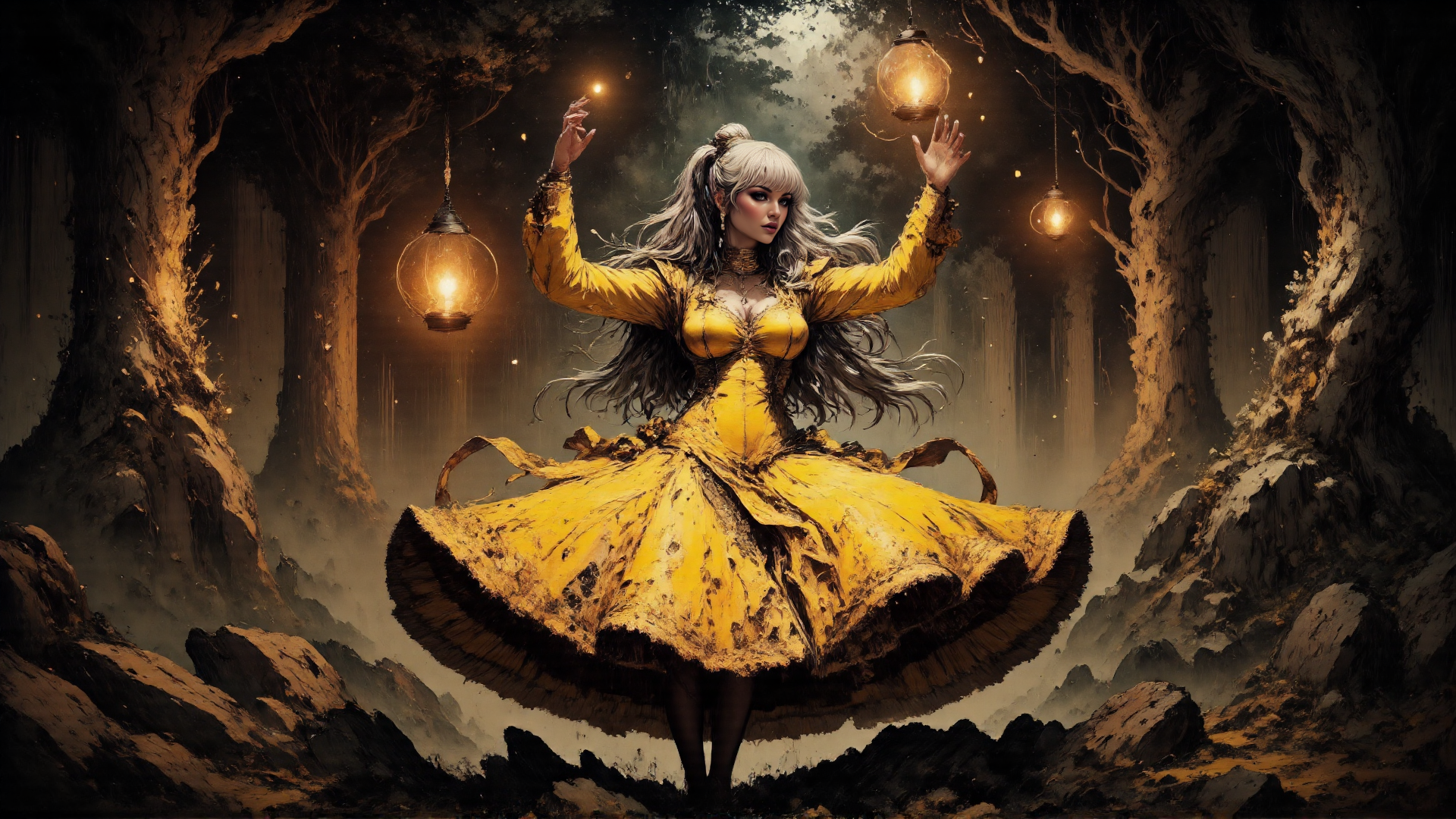 AI generated wallpaper featuring woman, lanterns, forest