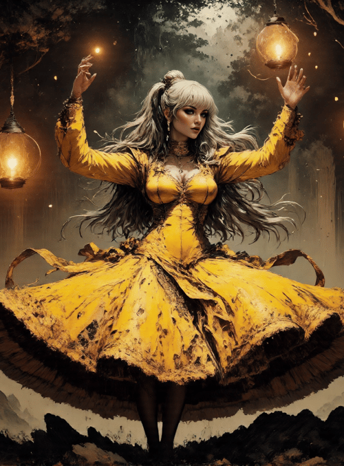 woman, lanterns, forest