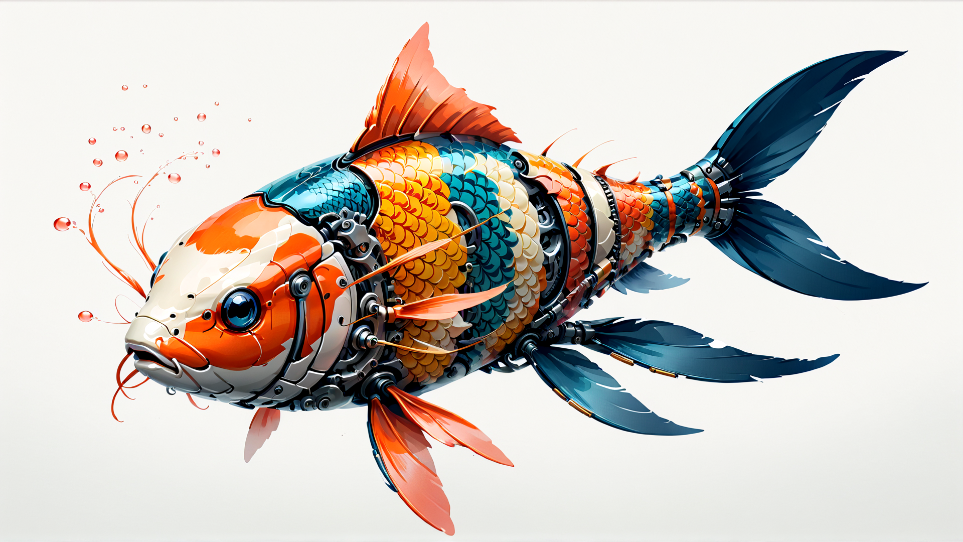AI generated wallpaper featuring fish, robot, mechanical, koi, cyberpunk
