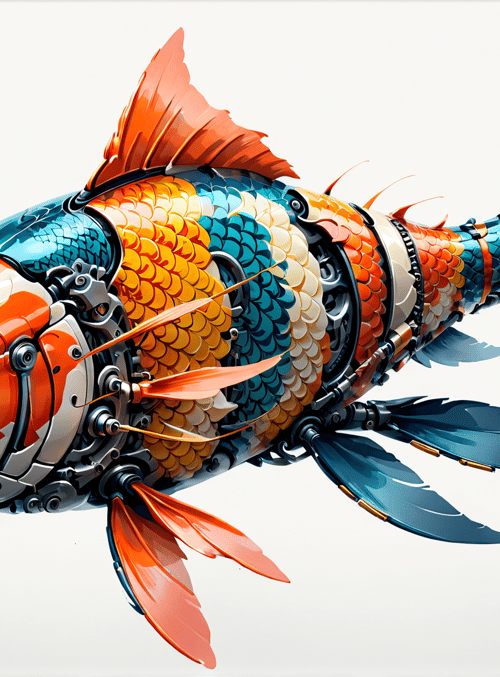 fish, robot, mechanical, koi, cyberpunk