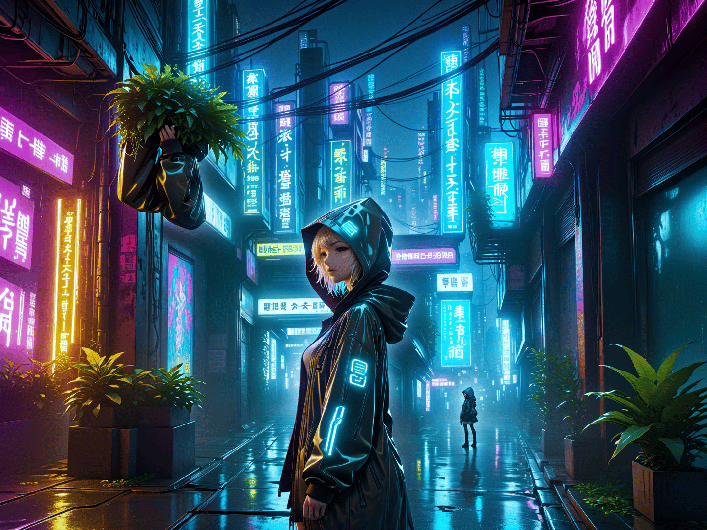 AI generated wallpaper featuring person, neon, city