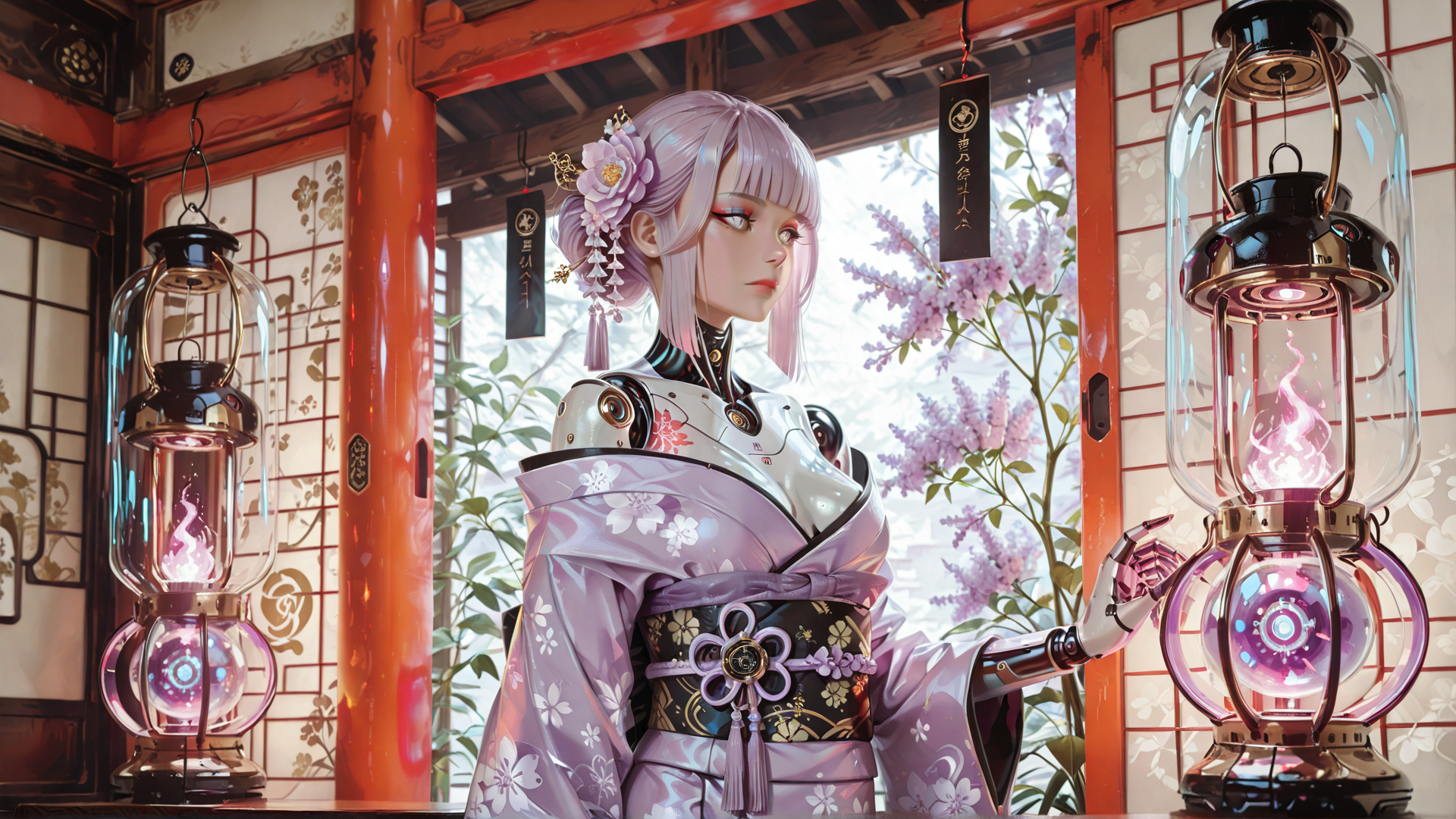 AI generated wallpaper featuring cyborg, woman, lantern, kimono, flower, sakura, lantern, japanese, garden, botanical