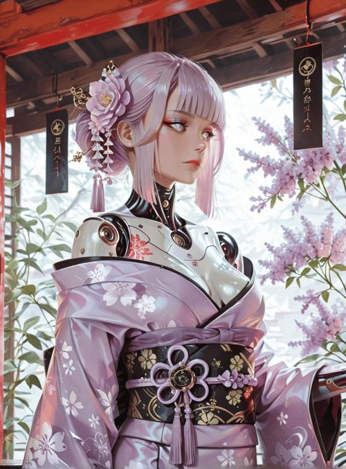 cyborg, woman, lantern, kimono, flower, sakura, lantern, japanese, garden, botanical