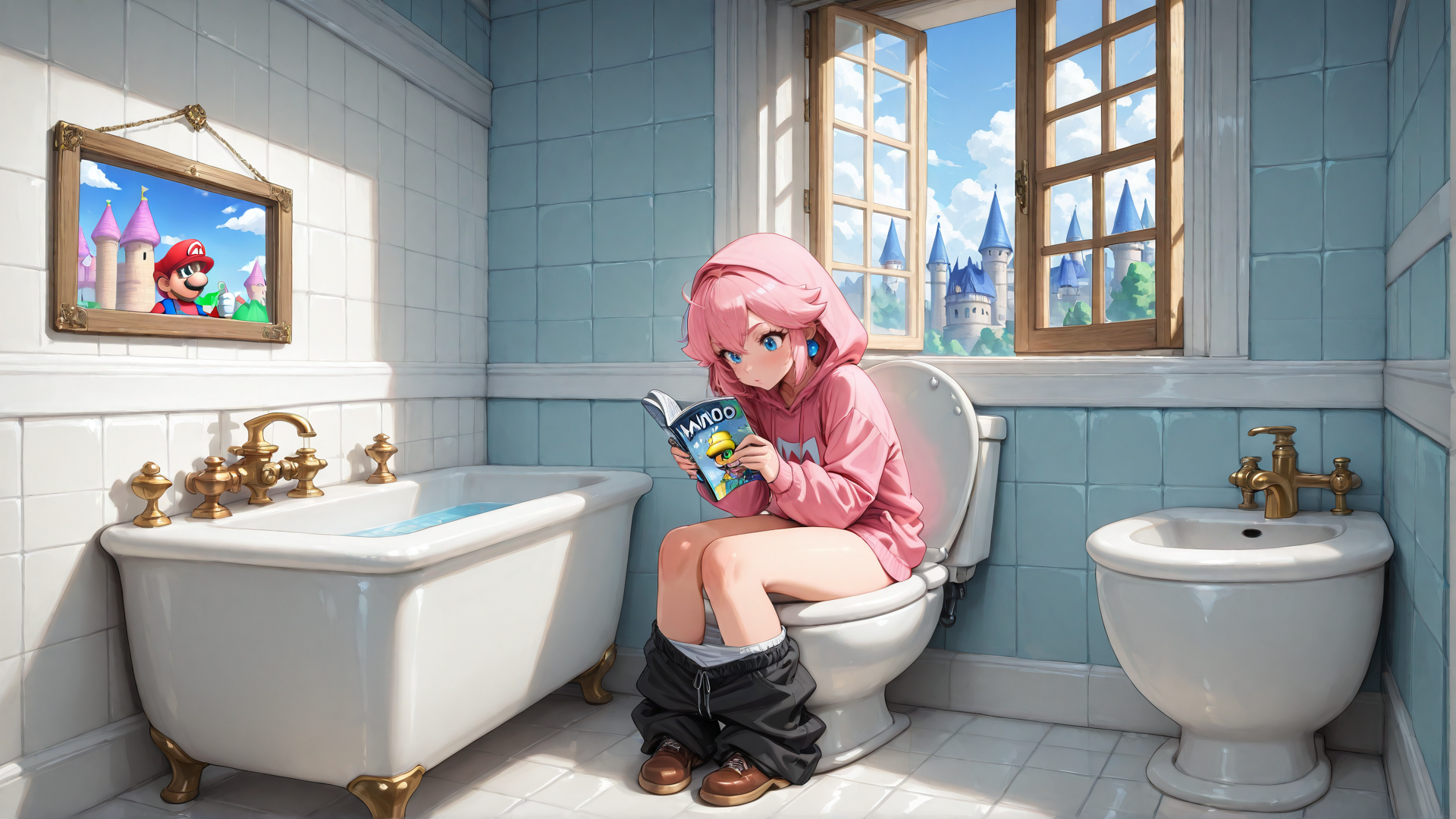 AI generated wallpaper featuring girl, toilet, bathtub, sink, book, mario, castle