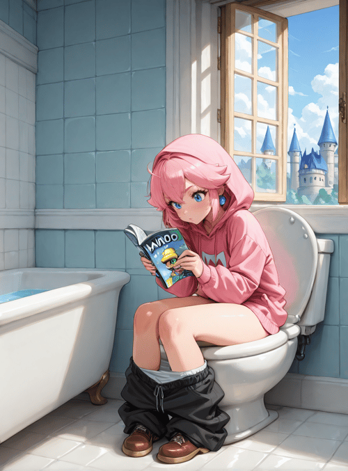 girl, toilet, bathtub, sink, book, mario, castle