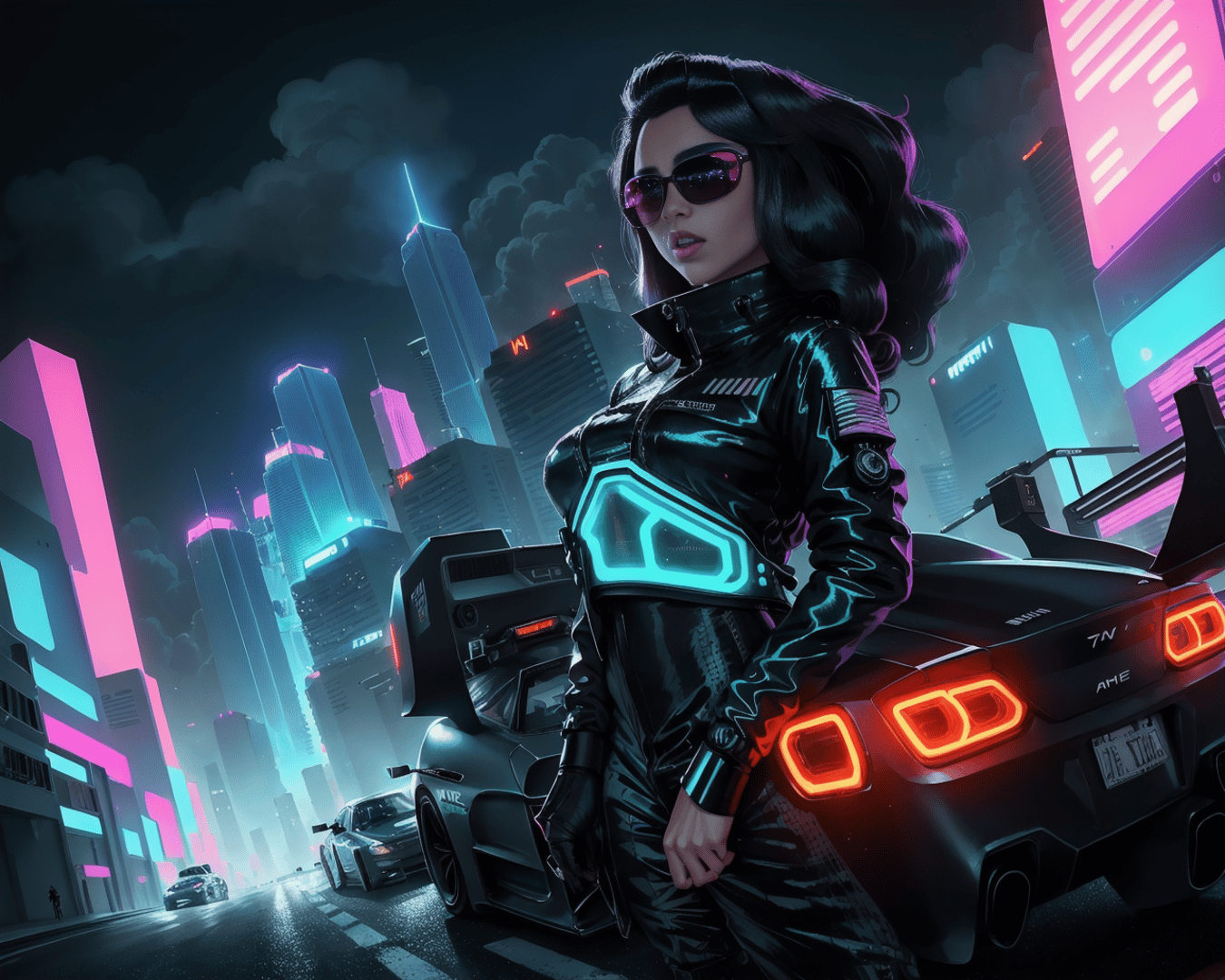 AI generated wallpaper featuring woman, car, city