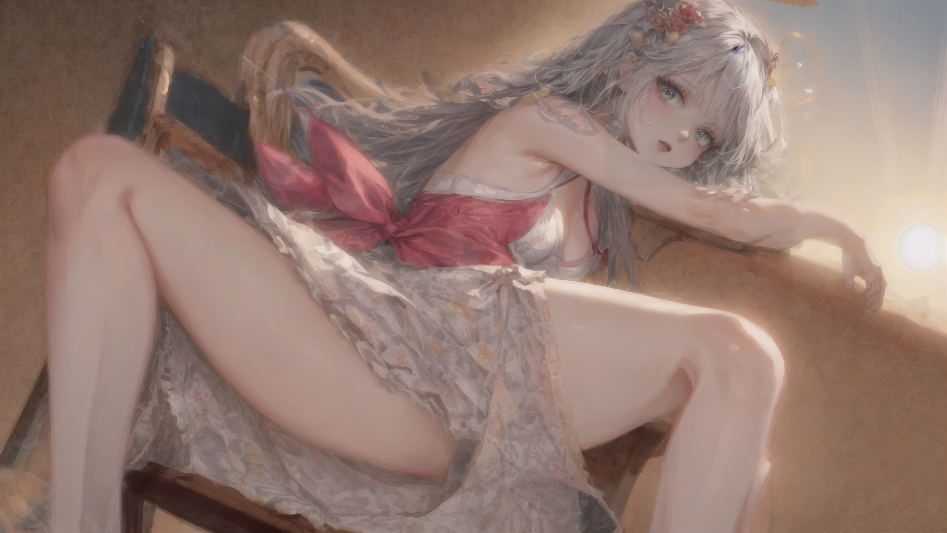 AI generated wallpaper featuring woman, garden, chair
