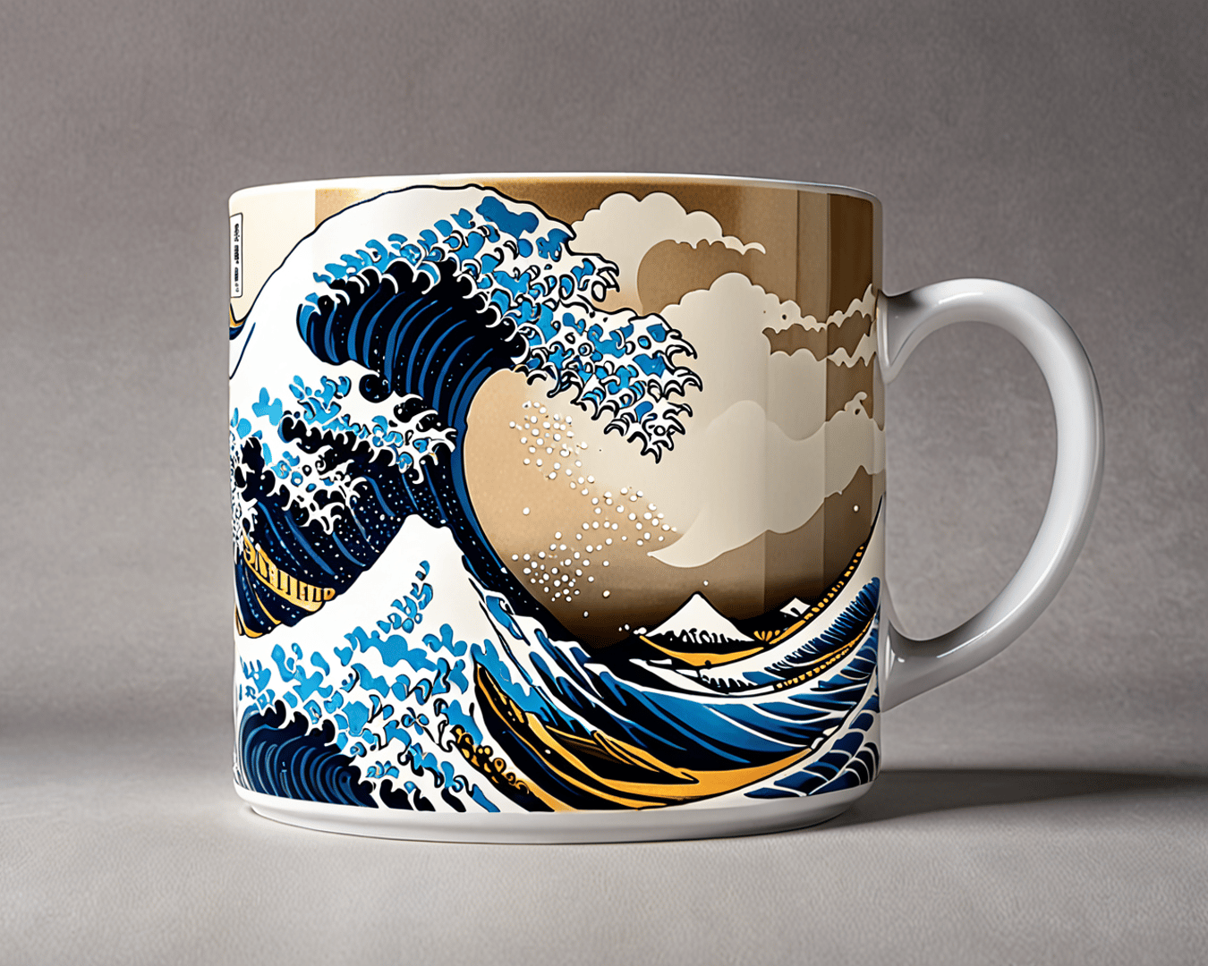 AI generated wallpaper featuring wave, mug, mountain