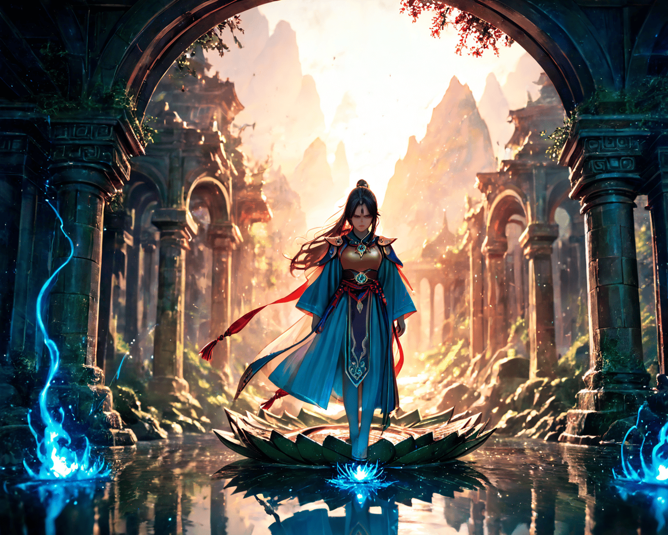 AI generated wallpaper featuring ancient warrior, lotus platform, arched ruins