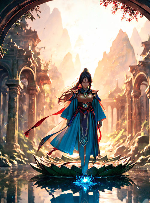 ancient warrior, lotus platform, arched ruins