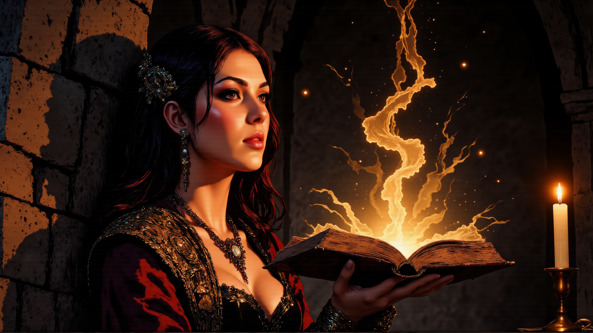 AI generated wallpaper featuring woman, book, candle, stone wall, ornaments, fire, magic, candlestick