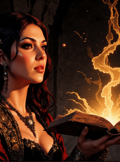 woman, book, candle, stone wall, ornaments, fire, magic, candlestick