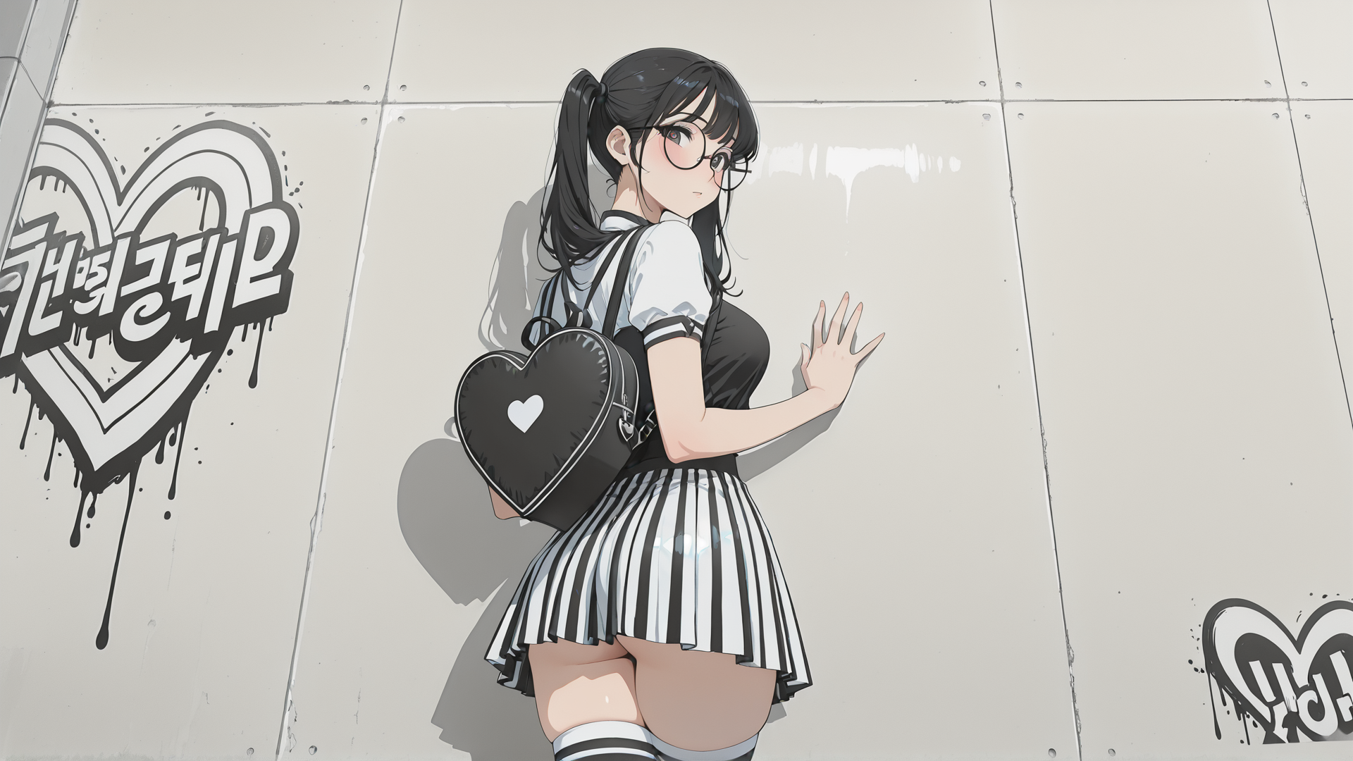 AI generated wallpaper featuring girl, schoolgirl, anime, character, glasses, heartbag, skirt