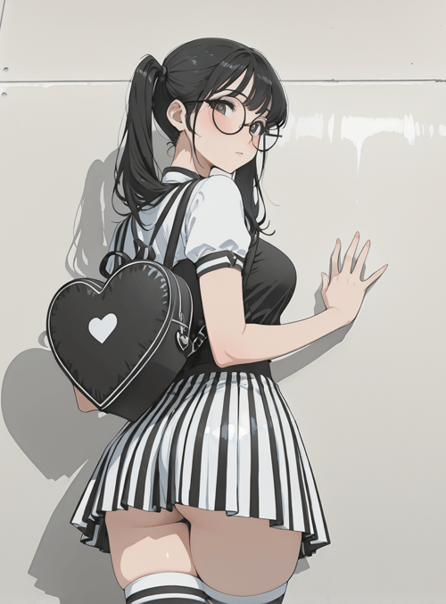 girl, schoolgirl, anime, character, glasses, heartbag, skirt