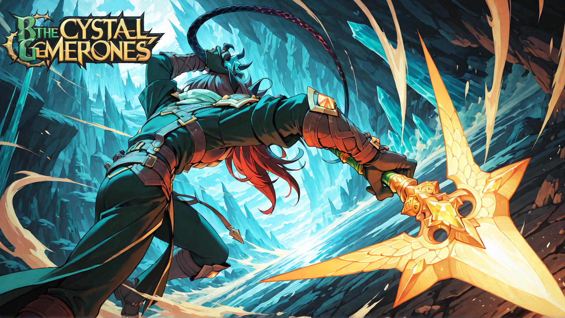 AI generated wallpaper featuring character, sword, crystals, golem, armor, cape, horns, staff, spear, helmet