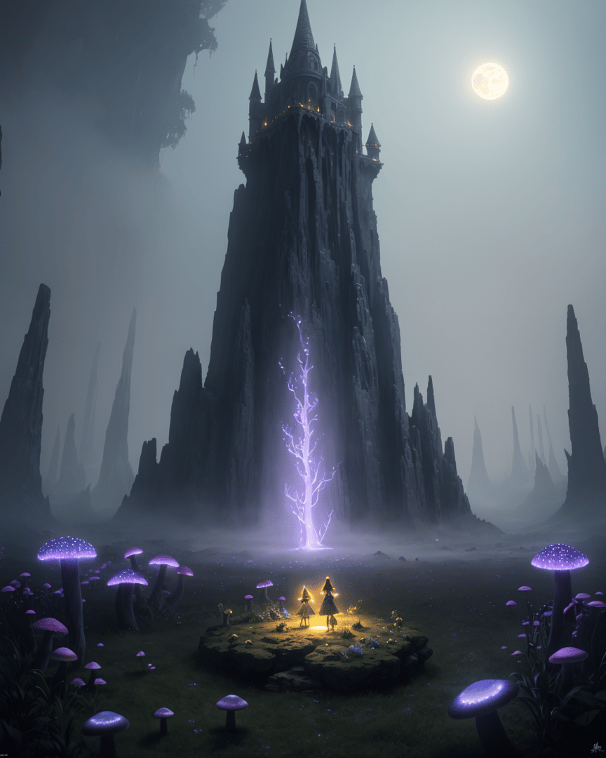 AI generated wallpaper featuring castle, mushrooms, trees, people, moon, stones