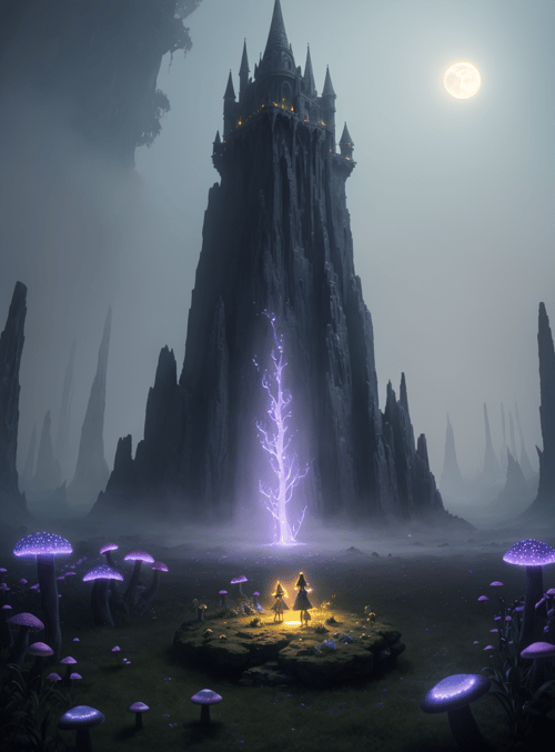 castle, mushrooms, trees, people, moon, stones