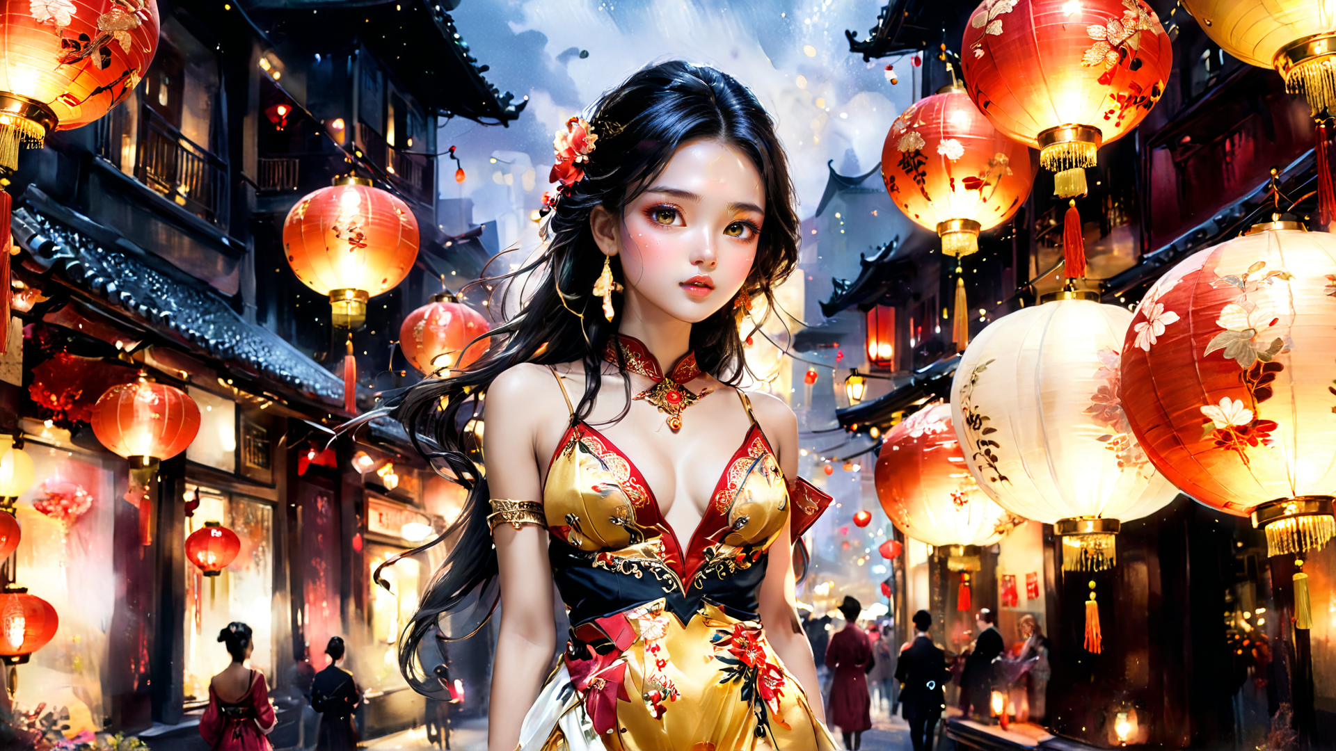 AI generated wallpaper featuring woman, lanterns, street