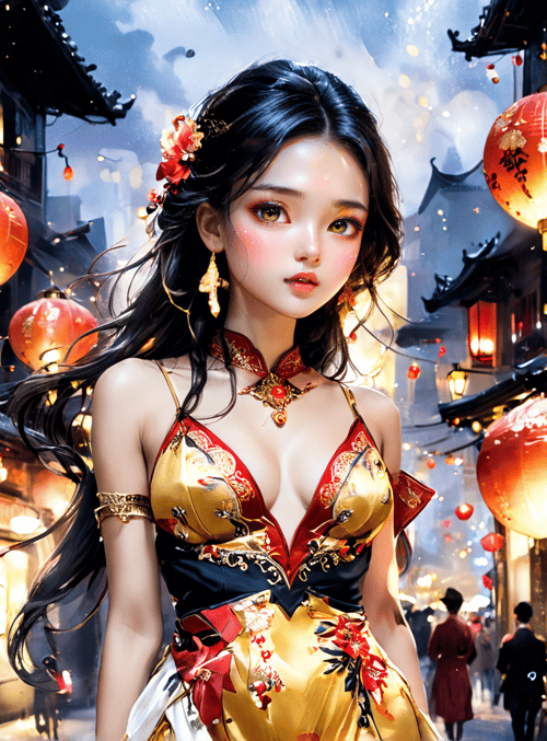 woman, lanterns, street