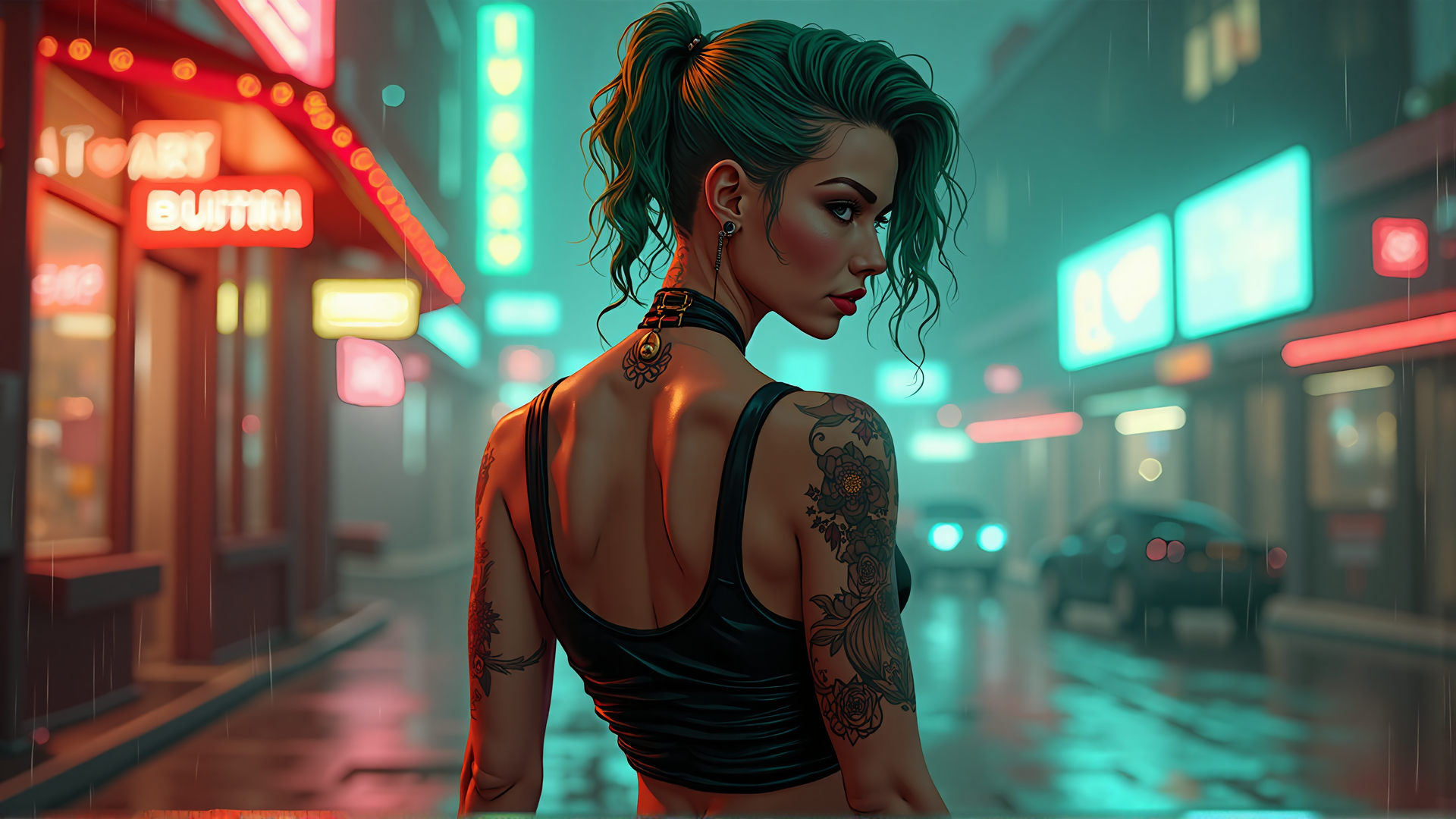 AI generated wallpaper featuring woman, tattoo, city, rain, neon, street, punk, hair, back, choker