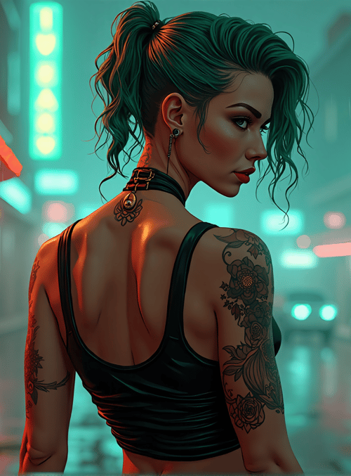 woman, tattoo, city, rain, neon, street, punk, hair, back, choker