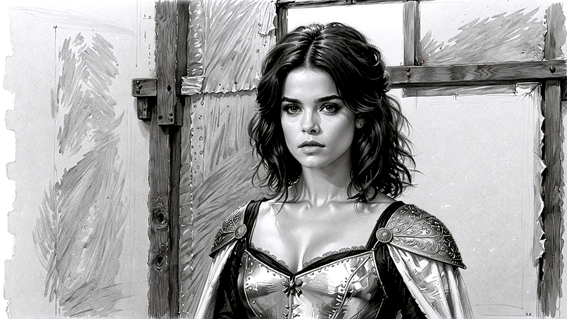 AI generated wallpaper featuring woman, armor, window, door, wavy hair
