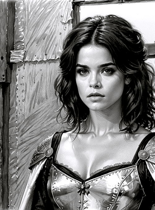 woman, armor, window, door, wavy hair