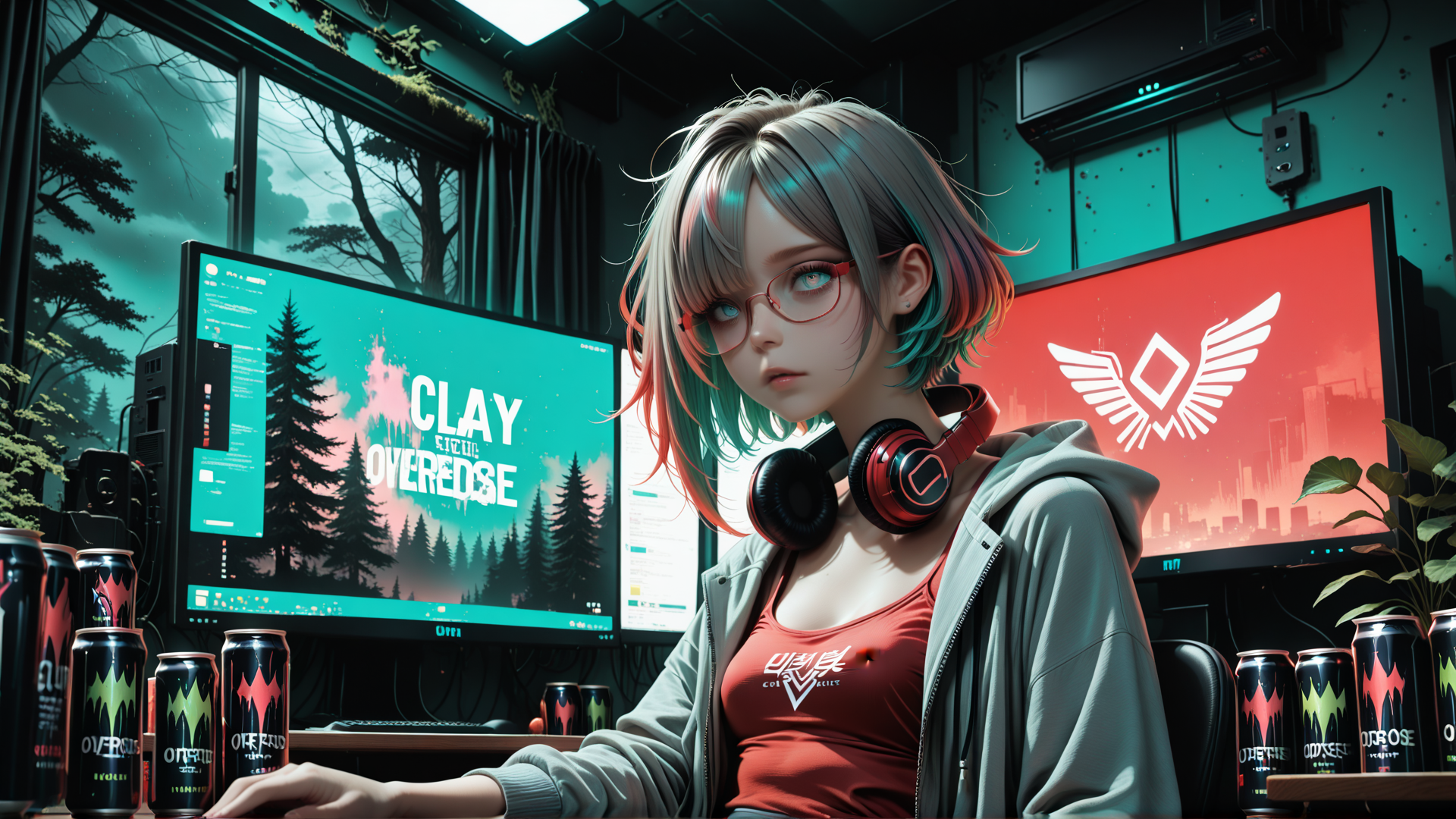 AI generated wallpaper featuring girl, gaming, headphones, computer, can, monitor, hoodie, tank top, glasses, plants