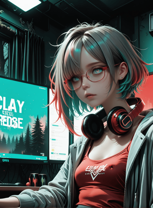 girl, gaming, headphones, computer, can, monitor, hoodie, tank top, glasses, plants