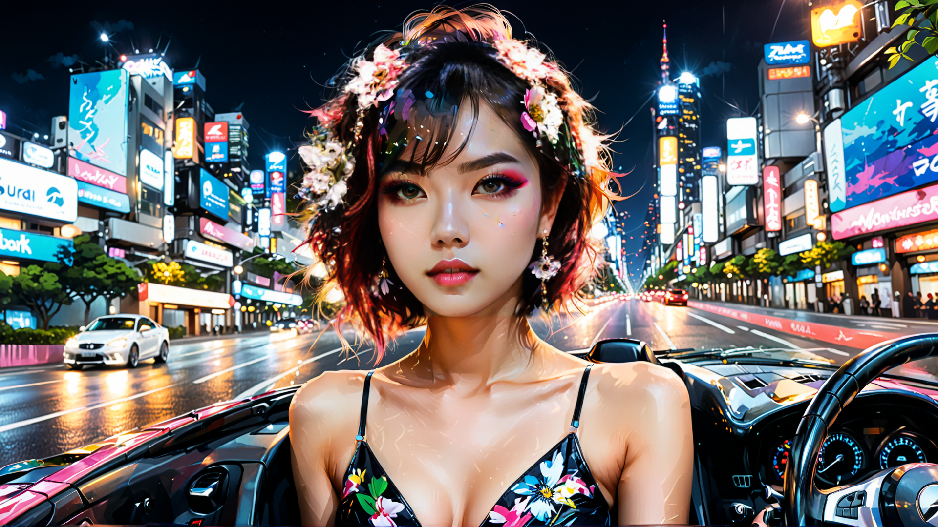 AI generated wallpaper featuring woman, car, city